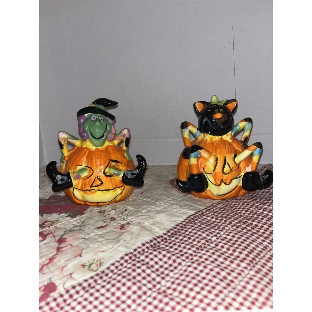 Vintage Ceramic Witch And Black Cat Pumpkin Lot‎ Of 2  , Halloween Decor